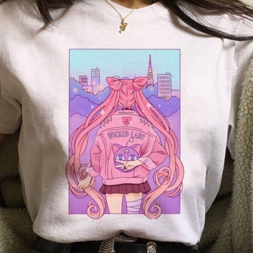 Pink Wicked Lady Anime Character Graphic on White Tee